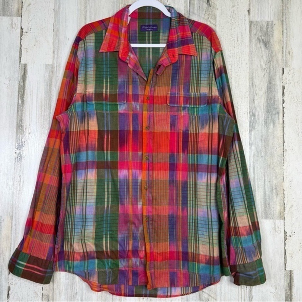$595 Ralph Lauren Purple Label Multicolor Ikat Plaid‎ Print Shirt Size XL Italy